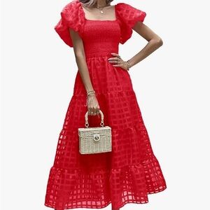 Amazon Pretty Garden Red Puff Sleeve Tiered Ruffle Dress NWT